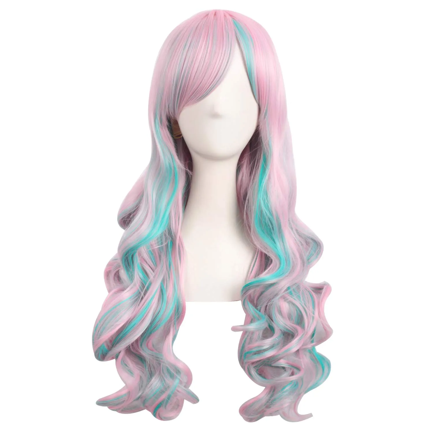 MapofBeauty Multi-color Lolita Long Curly Clip on Ponytails Cosplay Wig (Pink/Blue)