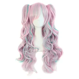MapofBeauty Multi-color Lolita Long Curly Clip on Ponytails Cosplay Wig (Pink/Blue)