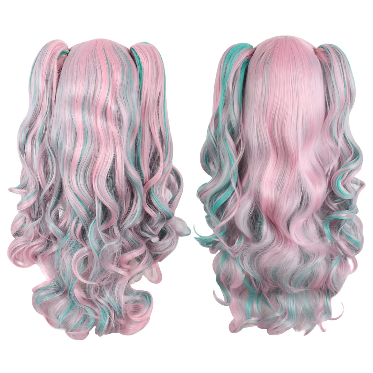 MapofBeauty Multi-color Lolita Long Curly Clip on Ponytails Cosplay Wig (Pink/Blue)