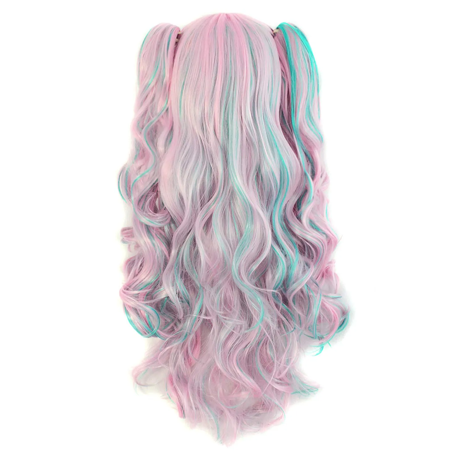 MapofBeauty Multi-color Lolita Long Curly Clip on Ponytails Cosplay Wig (Pink/Blue)