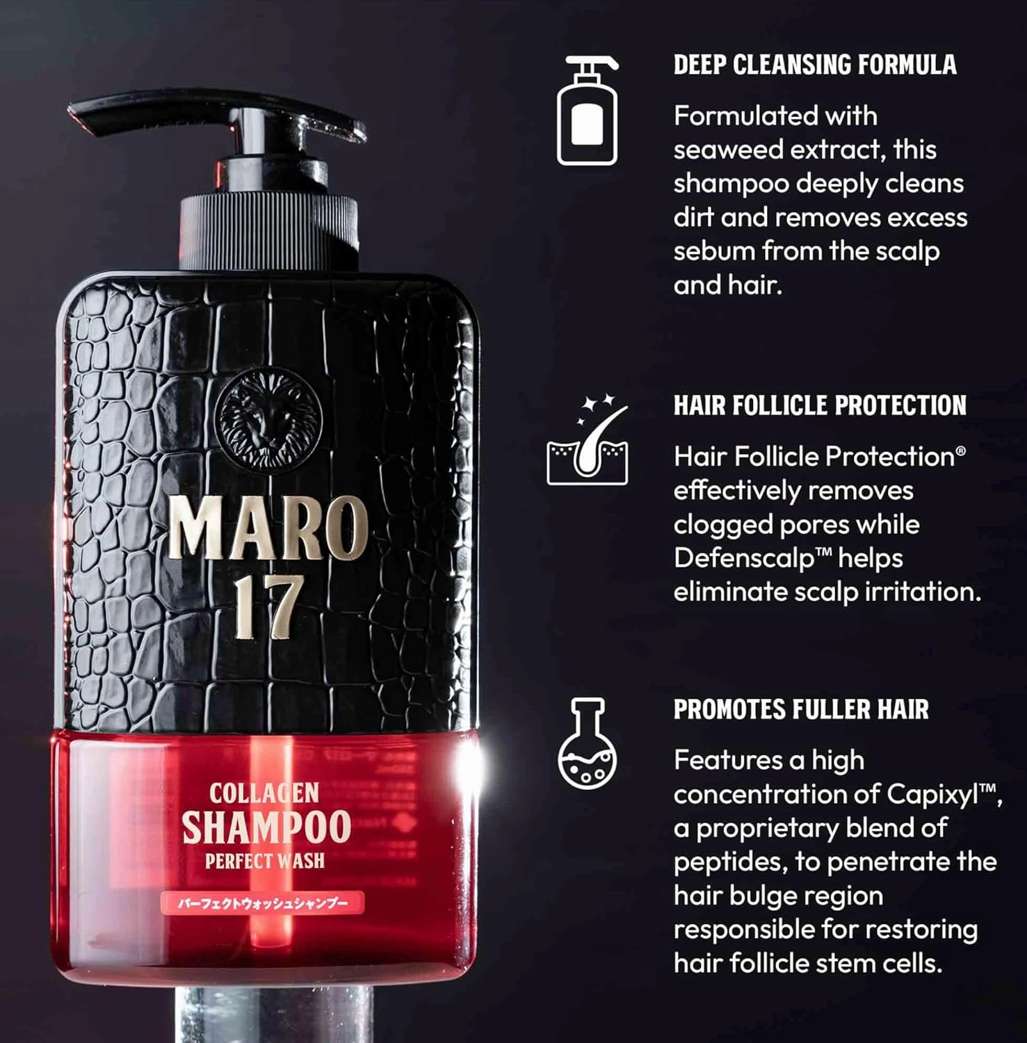 MARO17 Japan's #1 Collagen Shampoo Perfect Wash & Collagen Essence - Deep Cleansing, Declogs Scalp Pores, Eliminates Scalp Irritation & Promotes Thick, Full Hair - Mens Shampoo & Hair Growth Serum Duo