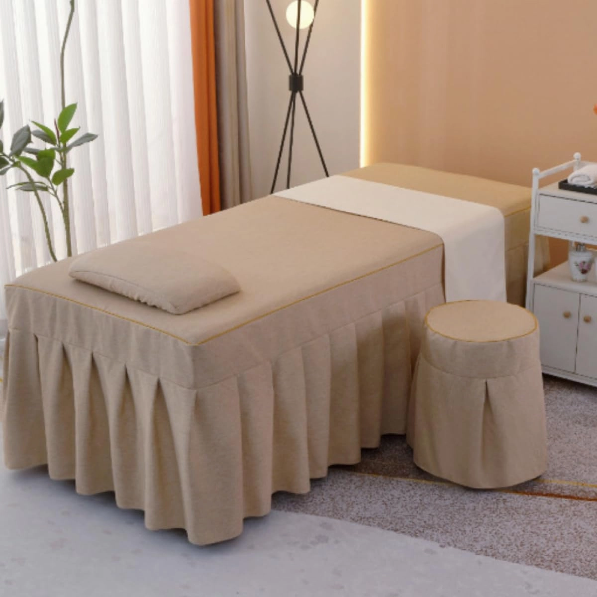 Massage Table Sheet Skirt Sets Beauty Bedspread 7-Piece Luxury Cotton and Linen Beauty Salon Special Massage Bedskirt With Pocket Solid Color Massage Shampoo Bedding Set Bed Cover-Khaki||185*70cm