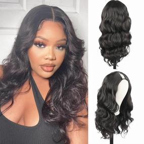 Matthhia V Part Body Wave Wigs Synthetic Body Wave Wigs For Black Women Upart Wig Glueless Full Head Clip in Half Wig V Shape Wigs No Leave Out U Part Wigs Natural Color 24 Inch(2#)