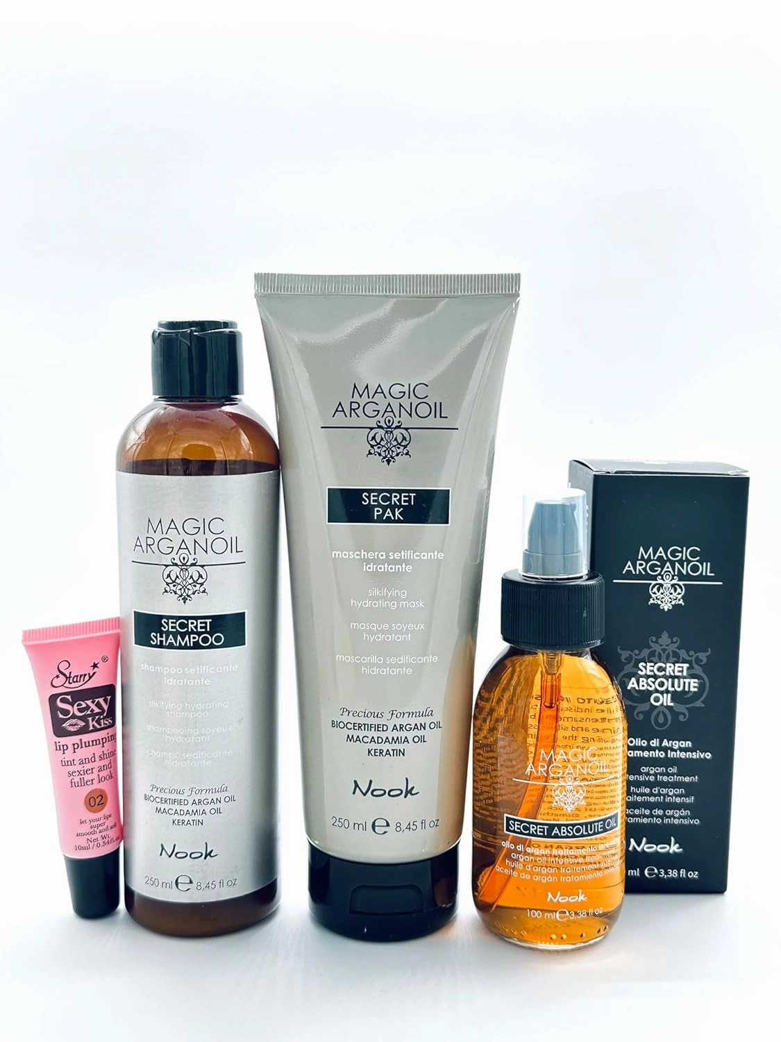Maxima Nook Magic Argan Oil Shampoo, Magic Pak (Mask) & Secret Absolute Oil 3.38 oz-Free Starry Lip Plumping Gloss 10ml