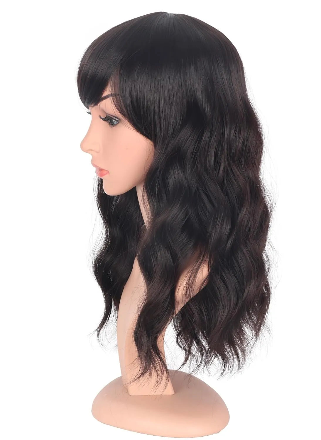 Medium Length Dark Brown Wavy Wigs With Bangs For Women - Heat Resistant Synthetic Brown Wigs For Daily Use (DARK BROWN(2#))
