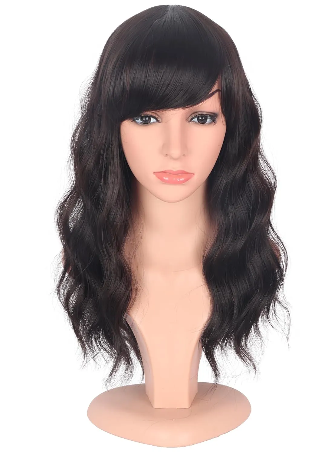 Medium Length Dark Brown Wavy Wigs With Bangs For Women - Heat Resistant Synthetic Brown Wigs For Daily Use (DARK BROWN(2#))