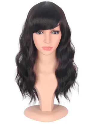 Medium Length Dark Brown Wavy Wigs With Bangs For Women - Heat Resistant Synthetic Brown Wigs For Daily Use (DARK BROWN(2#))