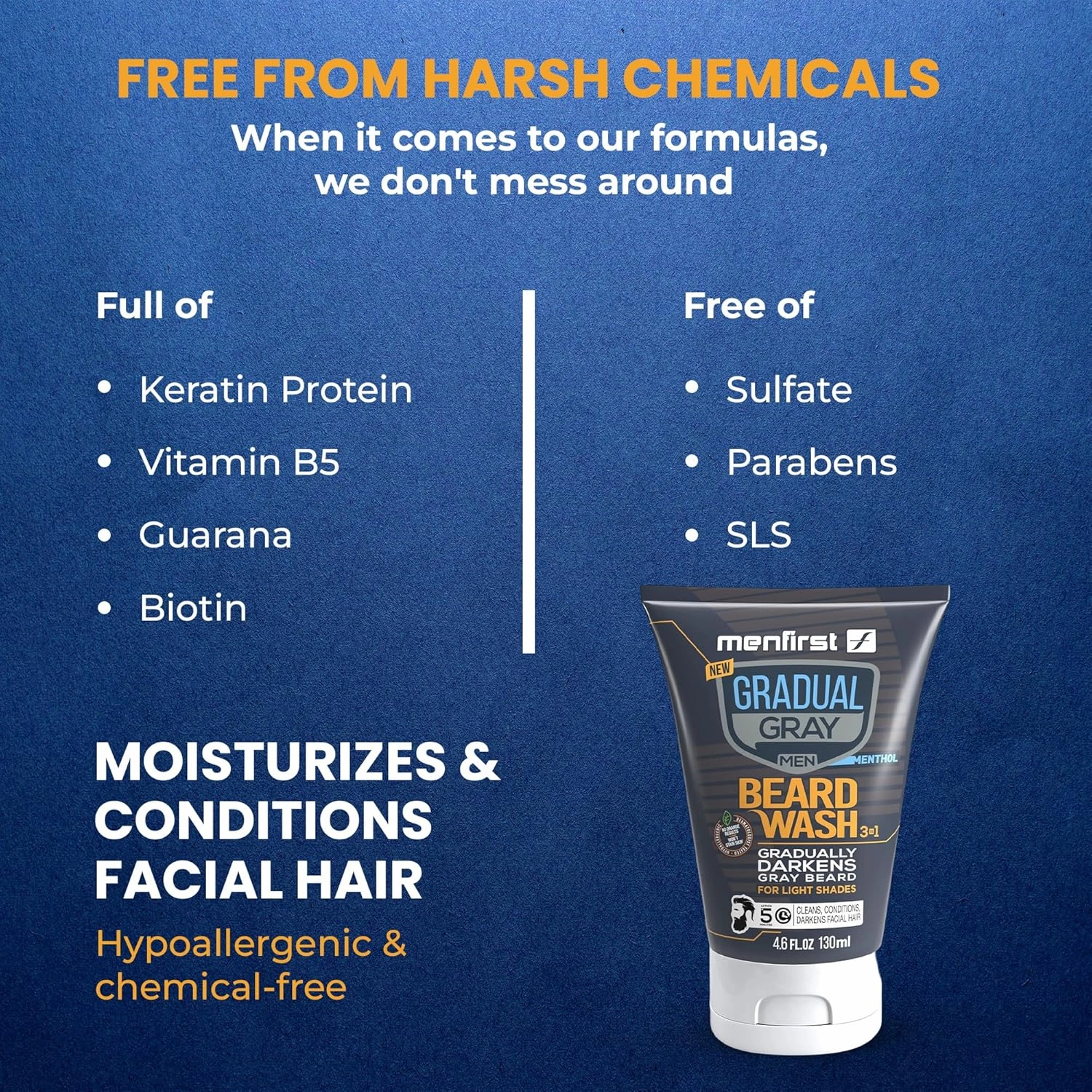 MENFIRST Gradual Grey Reducing Beard Wash for Light Shades - Beard Wash for Light Brown to Blonde Hair - Beard Color Shampoo for Men - 4.60 FL