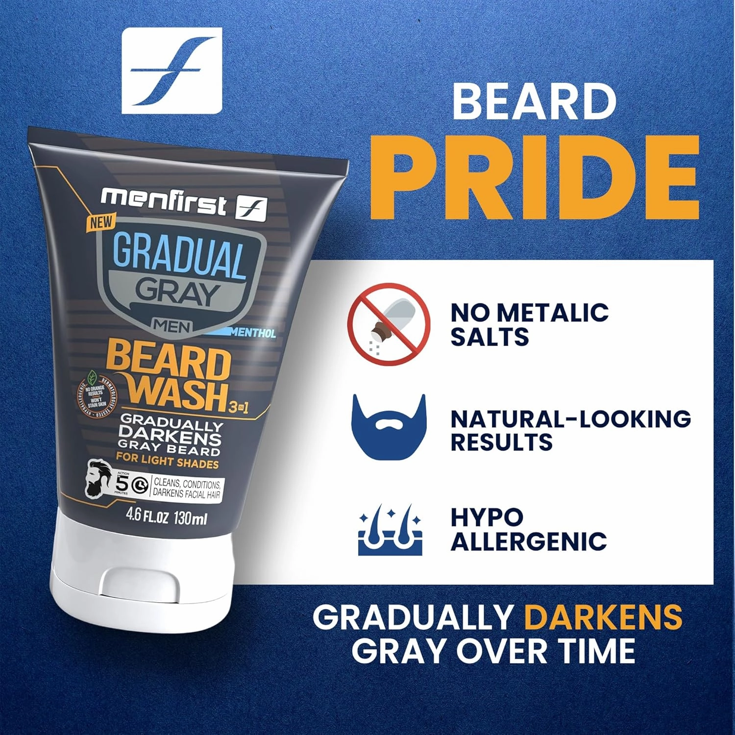 MENFIRST Gradual Grey Reducing Beard Wash for Light Shades - Beard Wash for Light Brown to Blonde Hair - Beard Color Shampoo for Men - 4.60 FL