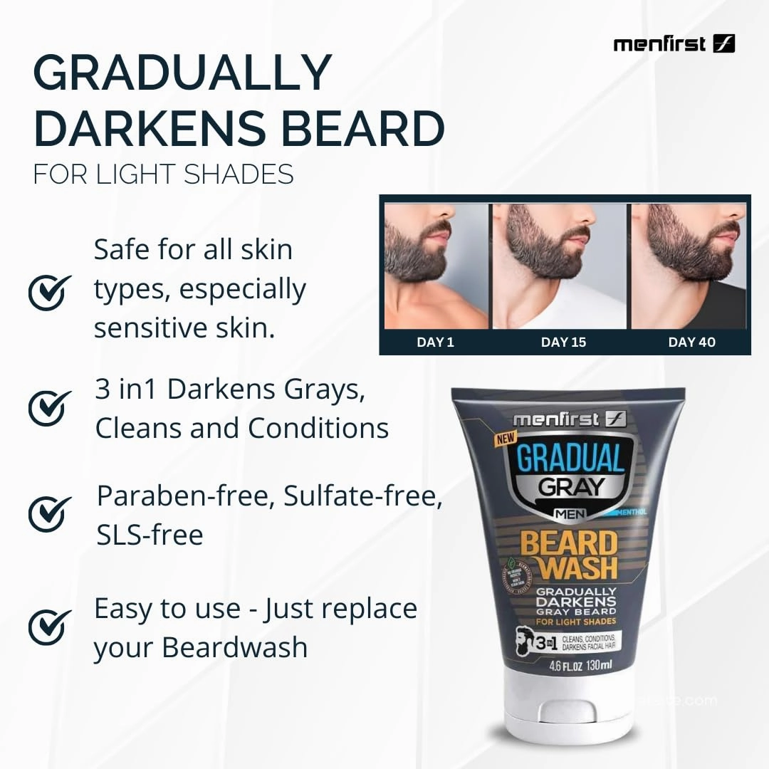 MENFIRST Gradual Grey Reducing Beard Wash for Light Shades - Beard Wash for Light Brown to Blonde Hair - Beard Color Shampoo for Men - 4.60 FL