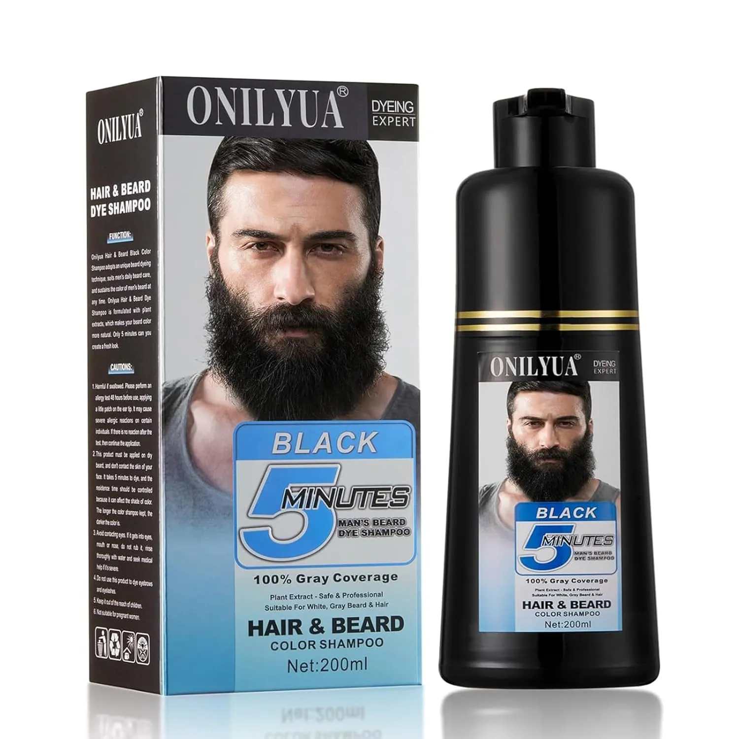 Men’s Beard Dye for Men Black, Root Touch Up for Long-Lasting Gray Coverage, 5-Minute Natural Beard & Hair Coloring Shampoo, Easy Application at Home 200ml