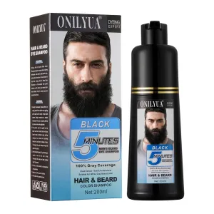 Men's Black Beard Dye, Black Hair Dye for Gray Hair Coverage, 3 in 1 Hair Dye Shampoo, Mustache & Beard Dye for Men, Quick & Easy to Use at Home, Long Lasting Beard Color for Men 200ML