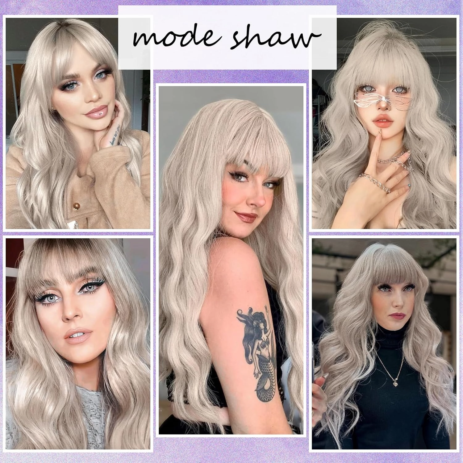 MERISIHAIR Long Ash Blonde Wig with Bangs Grey Blonde Wavy Curly Wigs Natural Looking Synthetic Heat Resistant Fiber Wig for Daily Cosplay Costume Party Chrismas Holiday Use