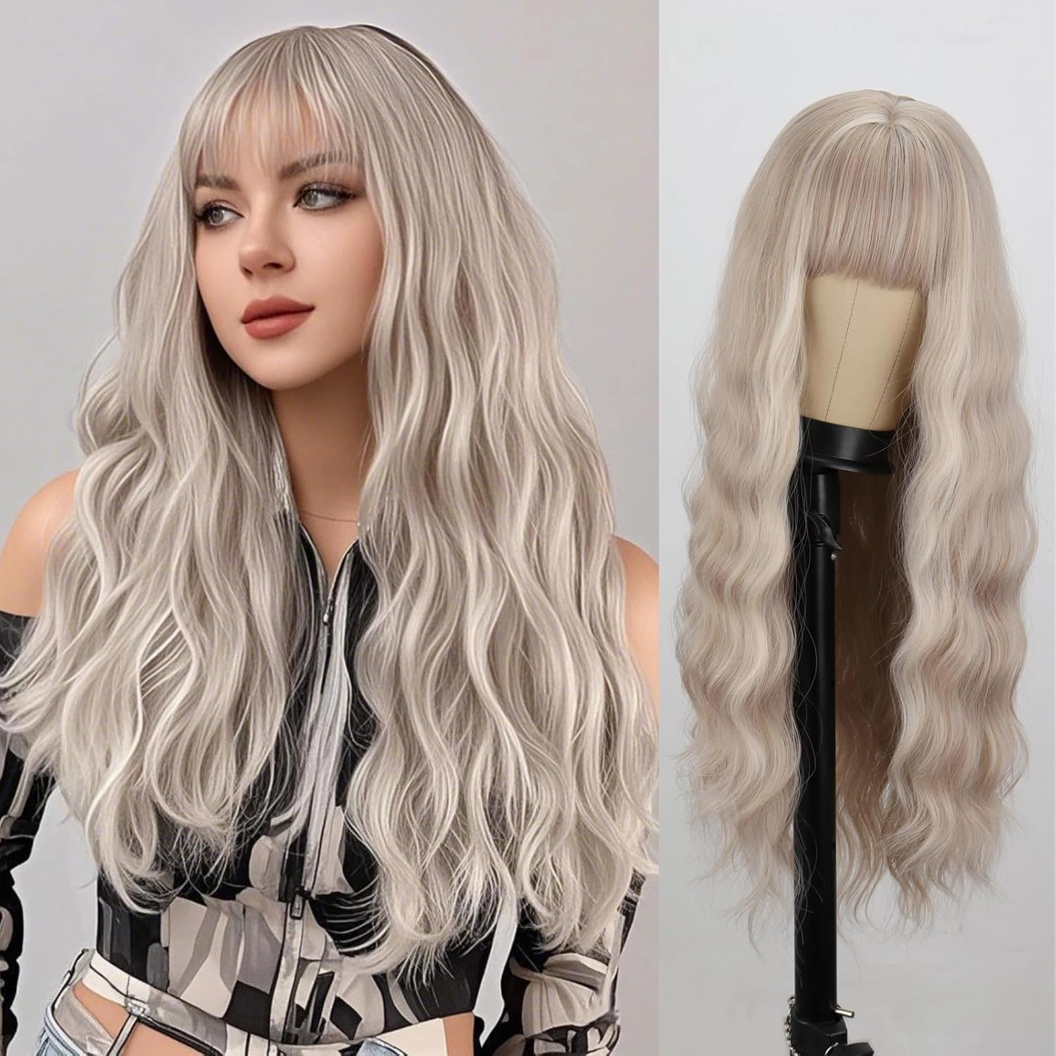 MERISIHAIR Long Ash Blonde Wig with Bangs Grey Blonde Wavy Curly Wigs Natural Looking Synthetic Heat Resistant Fiber Wig for Daily Cosplay Costume Party Chrismas Holiday Use