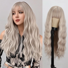 MERISIHAIR Long Ash Blonde Wig with Bangs Grey Blonde Wavy Curly Wigs Natural Looking Synthetic Heat Resistant Fiber Wig for Daily Cosplay Costume Party Chrismas Holiday Use