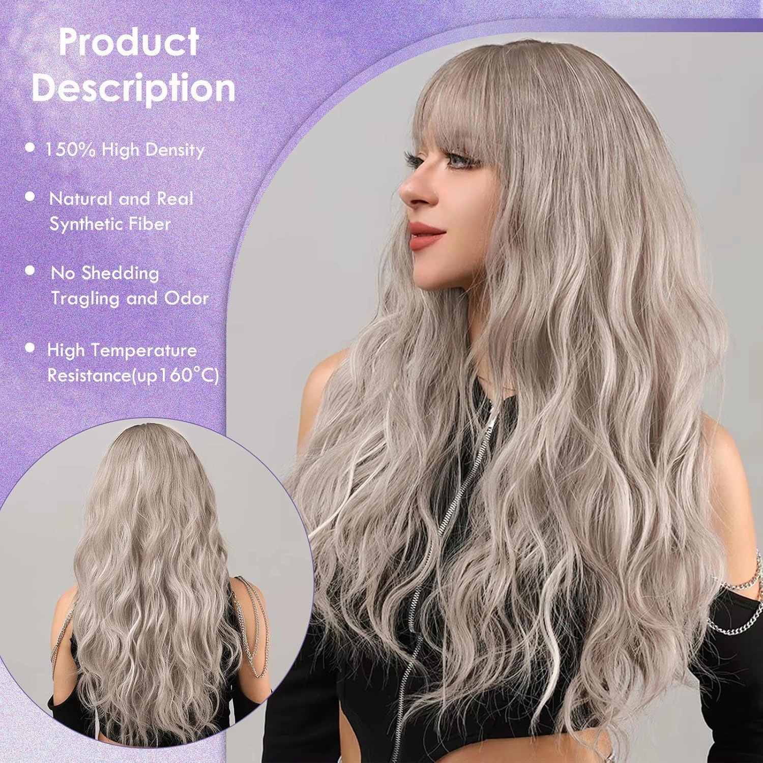 MERISIHAIR Long Ash Blonde Wig with Bangs Grey Blonde Wavy Curly Wigs Natural Looking Synthetic Heat Resistant Fiber Wig for Daily Cosplay Costume Party Chrismas Holiday Use