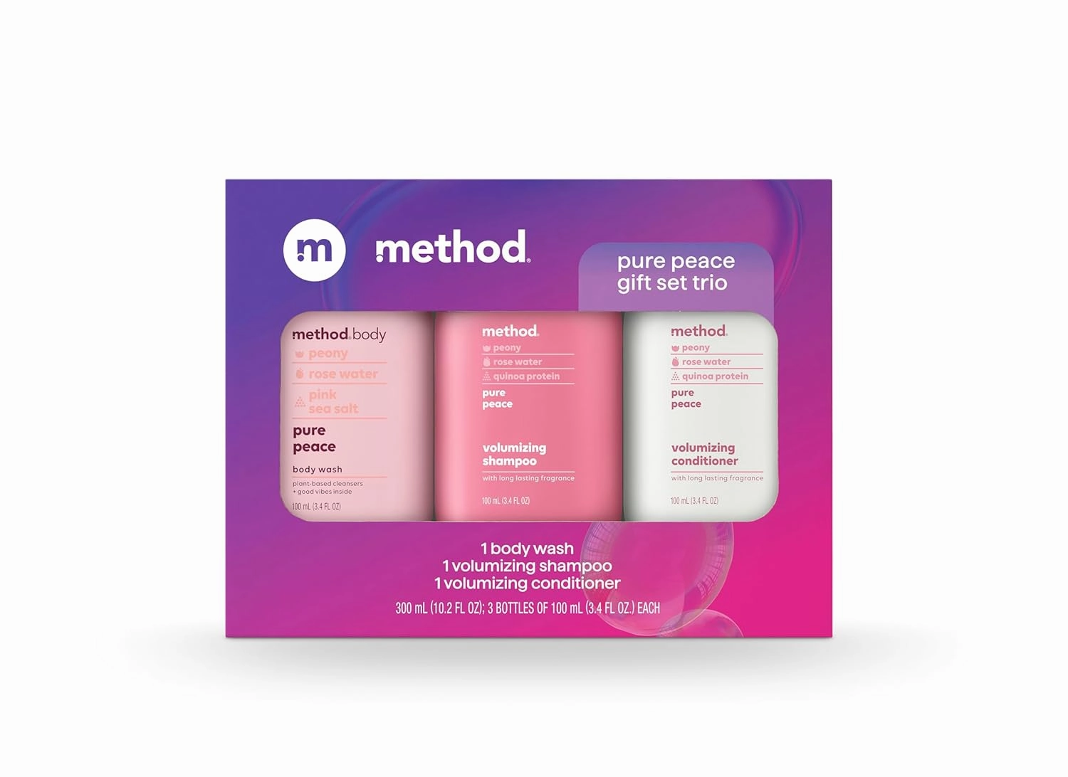 Method Body Wash and Hair Care Gift Set, Pure Peace, 3.4 oz Travel Size Bottles