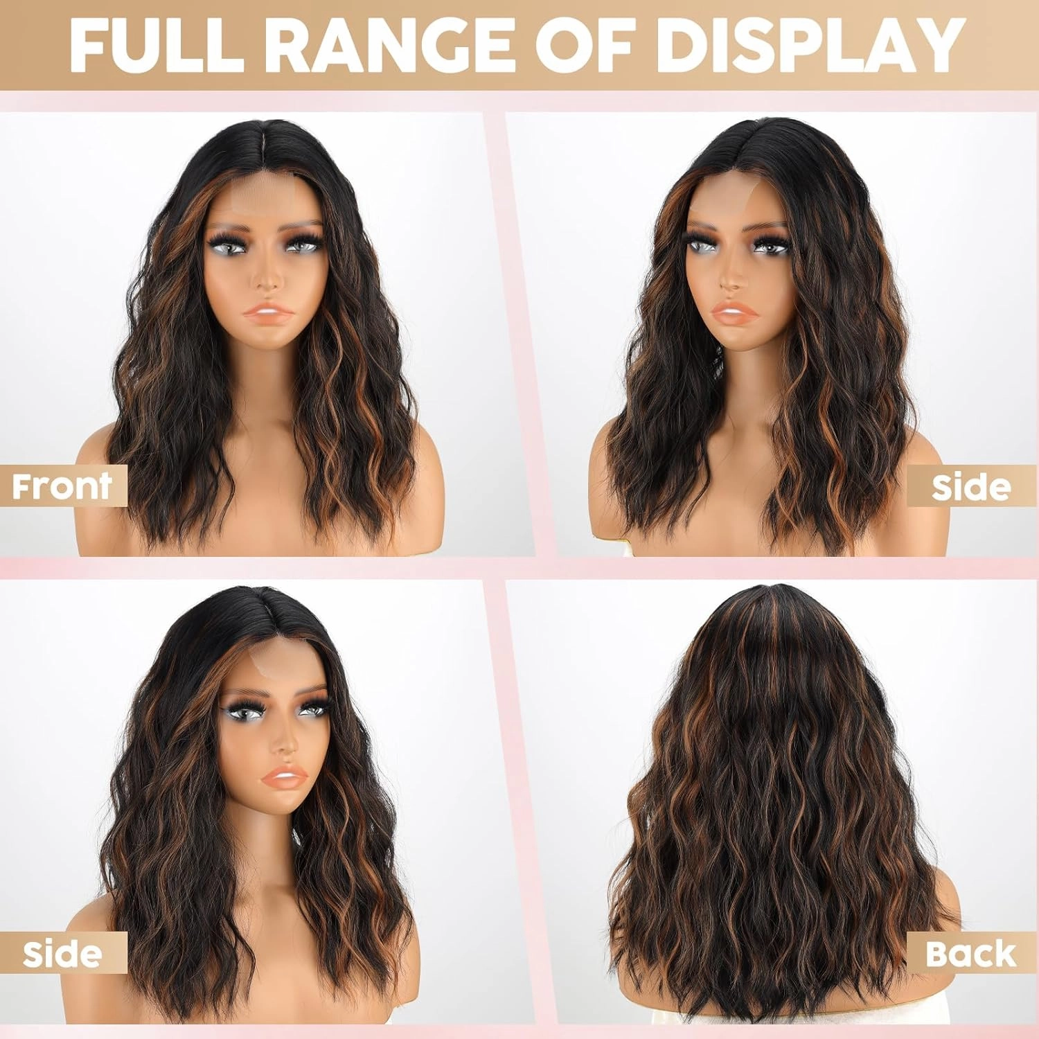 MISSQUEEN Black Highlight Wig 18 Inch Short Wavy Wigs for Women Middle Part Synthetic Curly Heat Resistant Fiber Wigs for Everyday Hairstyle Cosplay Party Halloween Use