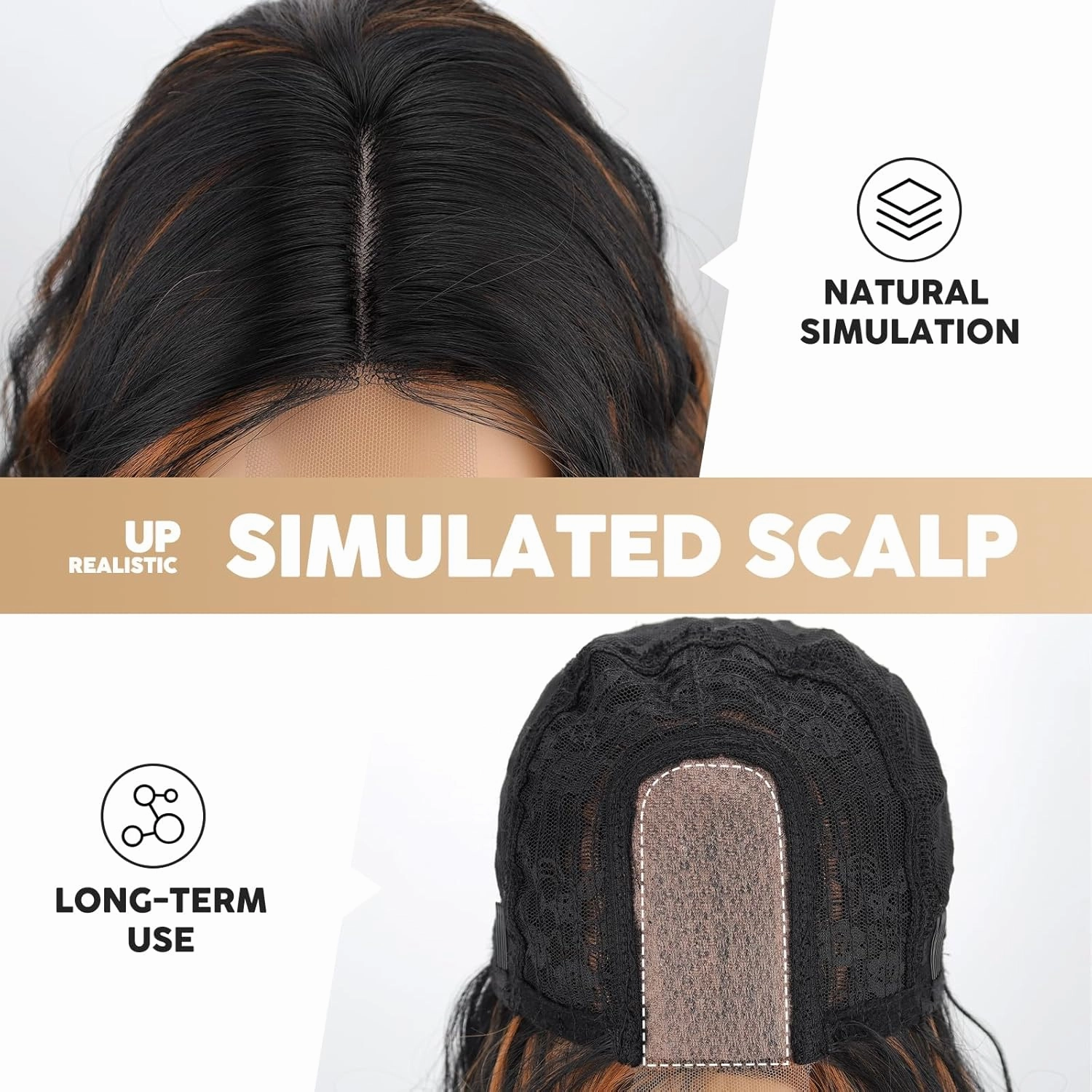 MISSQUEEN Black Highlight Wig 18 Inch Short Wavy Wigs for Women Middle Part Synthetic Curly Heat Resistant Fiber Wigs for Everyday Hairstyle Cosplay Party Halloween Use