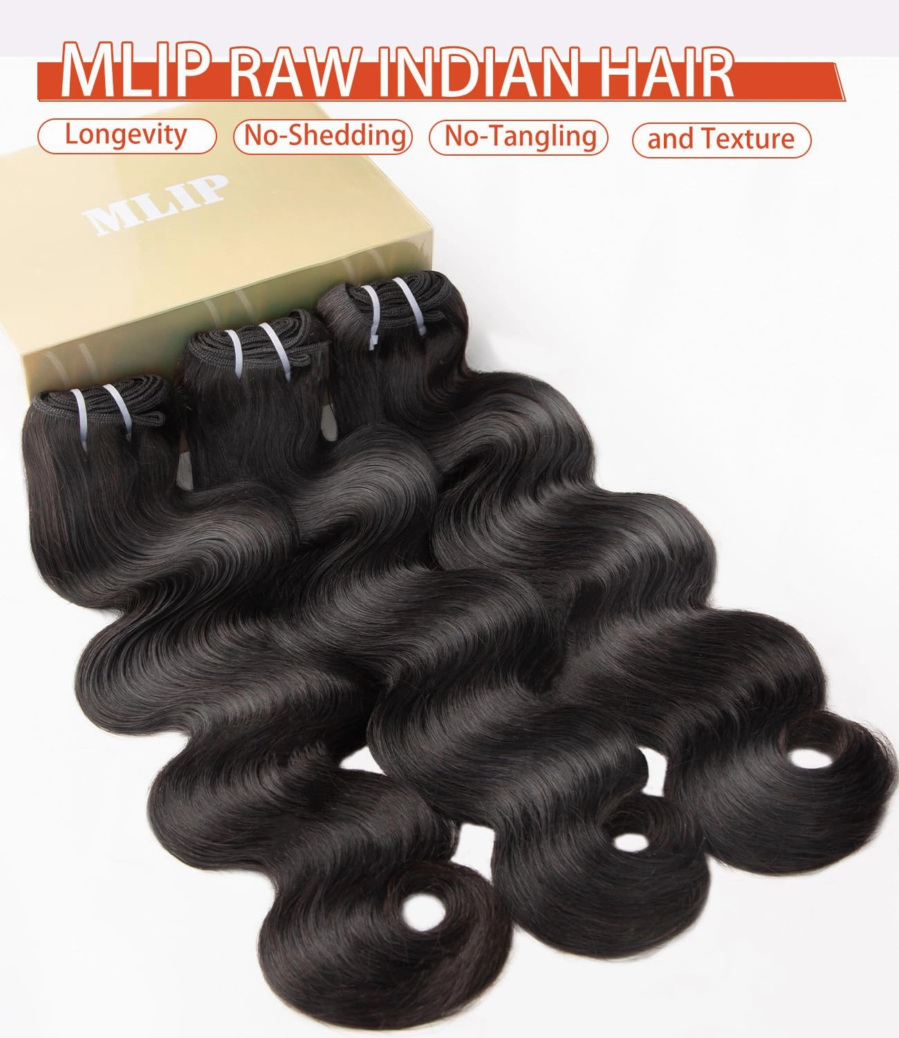 mlip Raw Bundles Human Hair Body Wave, No Tangle Shedding, Keep Texture Silky Soft After Multiple Washes, 15A Raw Indian Hair Bundles 14 16 18 Inches, Triple Lifespan 3X