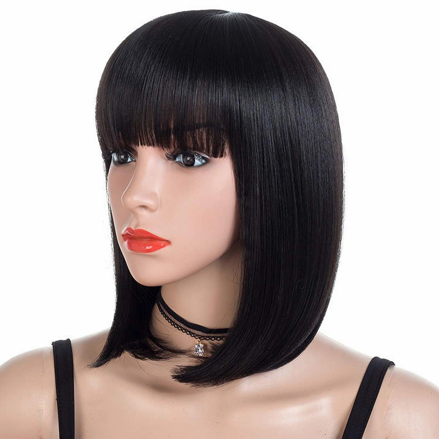 morvally Short Straight Bob Wig Heat Resistant Hair with Blunt Bangs Natural Looking Cosplay Costume Daily Wigs (12", Natural Black)