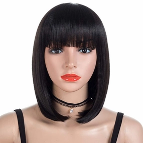 morvally Short Straight Bob Wig Heat Resistant Hair with Blunt Bangs Natural Looking Cosplay Costume Daily Wigs (12", Natural Black)