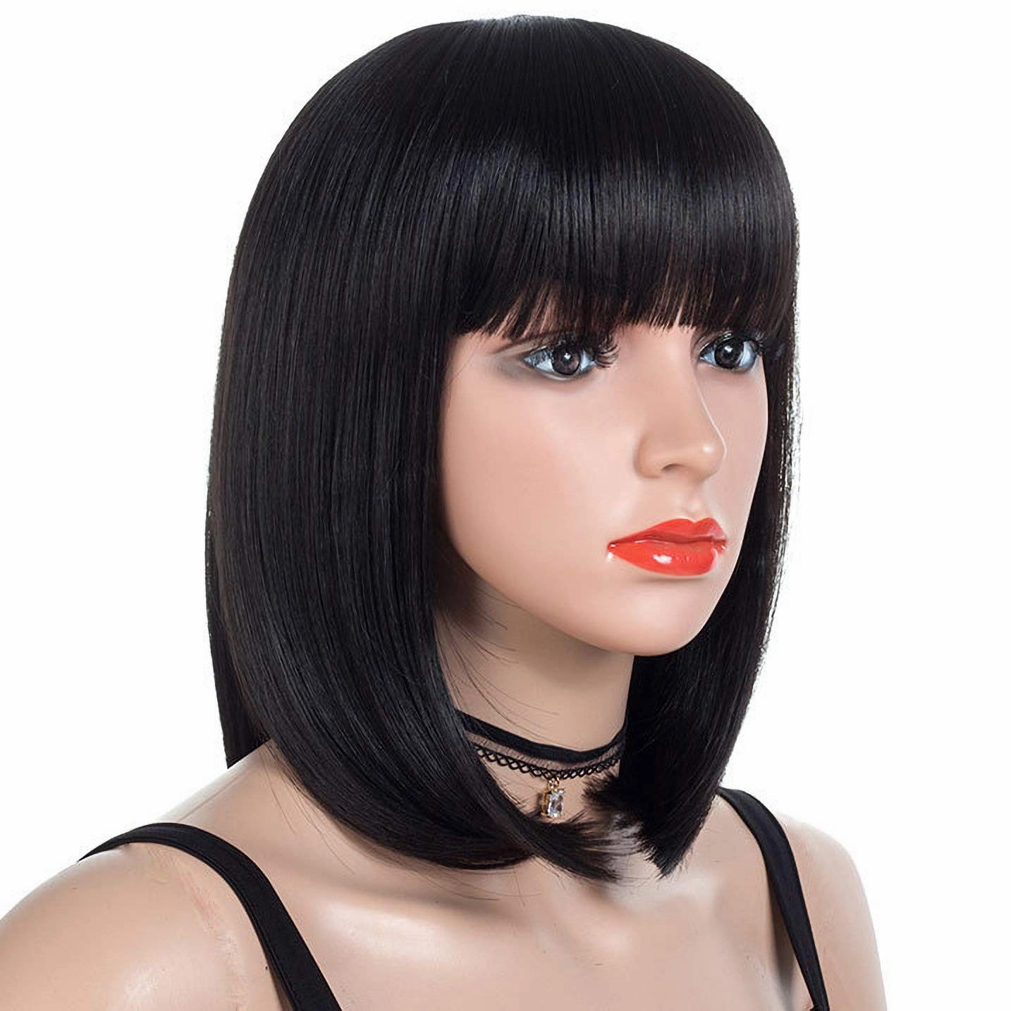 morvally Short Straight Bob Wig Heat Resistant Hair with Blunt Bangs Natural Looking Cosplay Costume Daily Wigs (12", Natural Black)