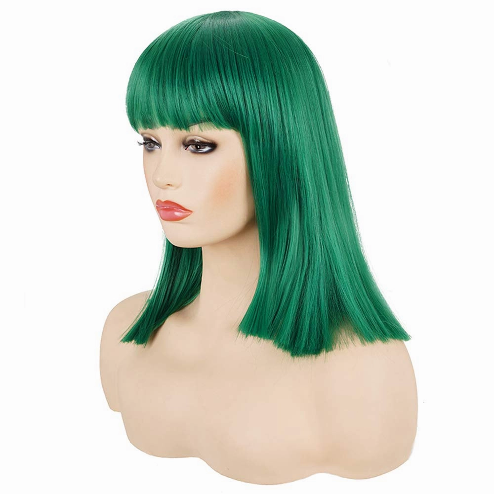 morvally Short Straight Bob Wig Heat Resistant Hair with Blunt Bangs Natural Looking Cosplay Costume Daily Wigs (14", Green)