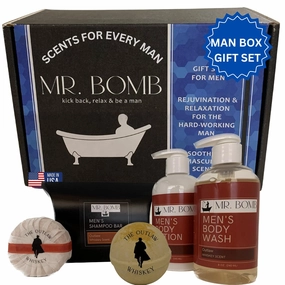 Mr. Bomb Scent-sational Men's Gift Set: Shampoo Bar, Body Wash, Face and Body Lotion, and Bath Bomb for a Splash of Masculinity, Ultimate Manly Gift Crafted in the USA (Outlaw Gift Set)