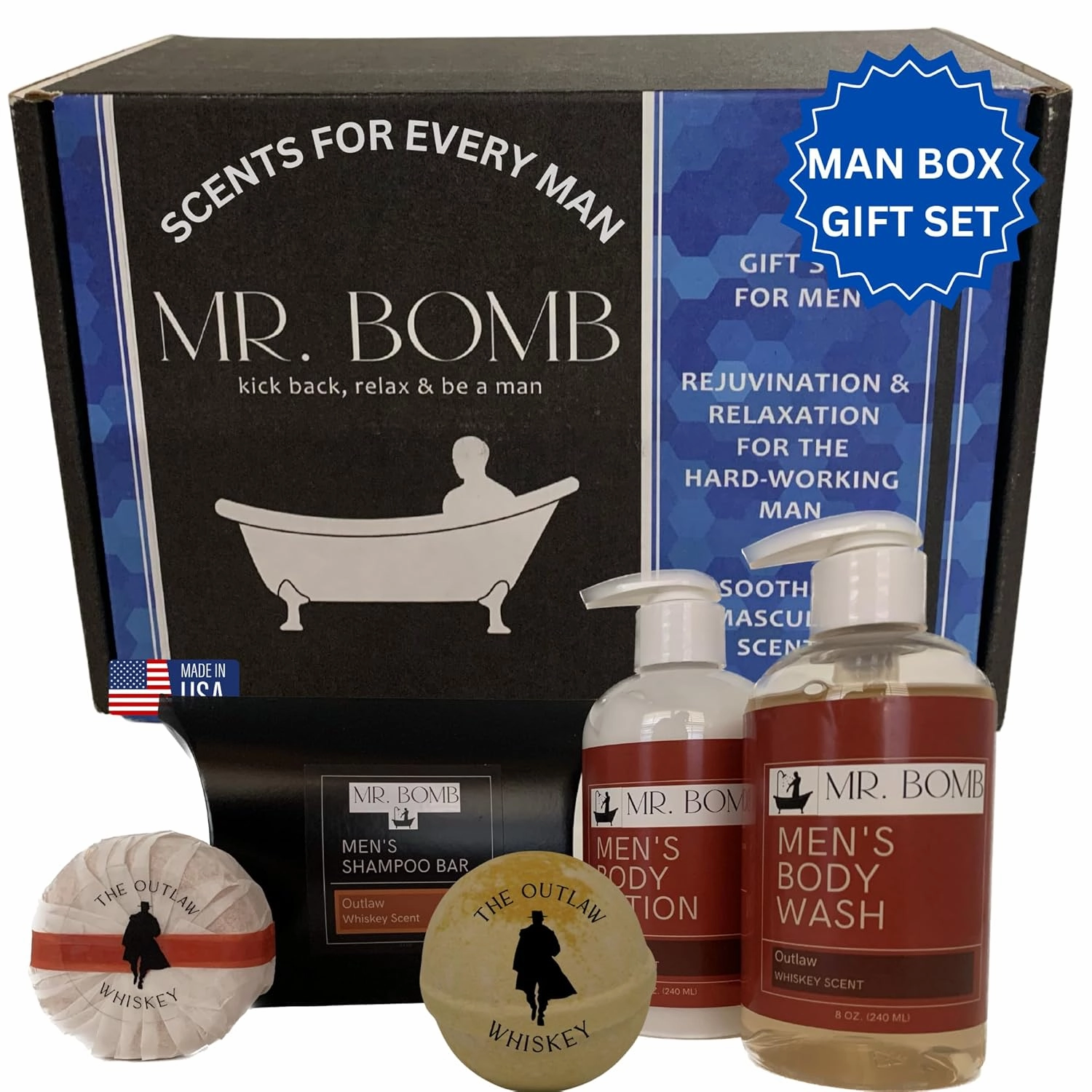Mr. Bomb Scent-sational Men's Gift Set: Shampoo Bar, Body Wash, Face and Body Lotion, and Bath Bomb for a Splash of Masculinity, Ultimate Manly Gift Crafted in the USA (Outlaw Gift Set)