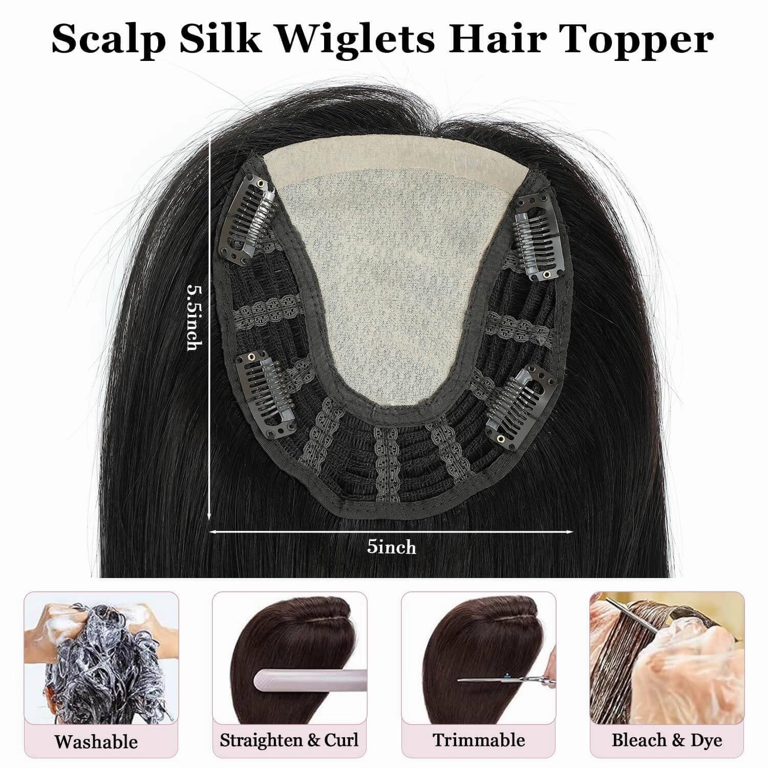 Ms Taj 16 Inch Hair Toppers for Women Real Human Hair – 5x5.5inch Skin Scalp, Natural Look Hairpiece with Clips, Lightweight & Comfortable, Ideal for Daily Wear, Adds Volume & Coverage(1B)