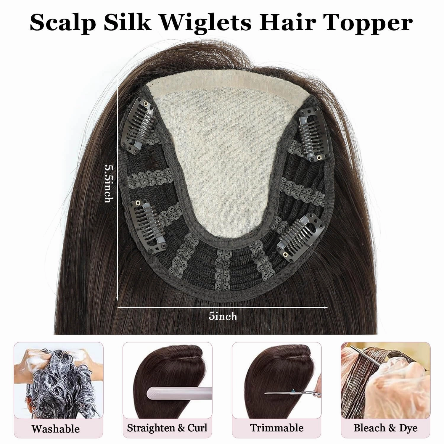 Ms Taj 16 Inch Hair Toppers for Women Real Human Hair – 5x5.5inch Skin Scalp, Natural Look Hairpiece with Clips, Lightweight & Comfortable, Ideal for Daily Wear, Adds Volume & Coverage(2#)