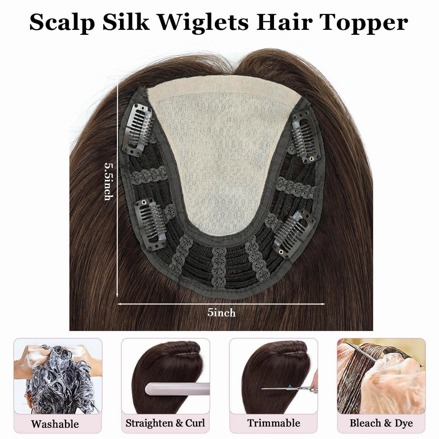 Ms Taj 16 Inch Hair Toppers for Women Real Human Hair – 5x5.5inch Skin Scalp, Natural Look Hairpiece with Clips, Lightweight & Comfortable, Ideal for Daily Wear, Adds Volume & Coverage(4#)