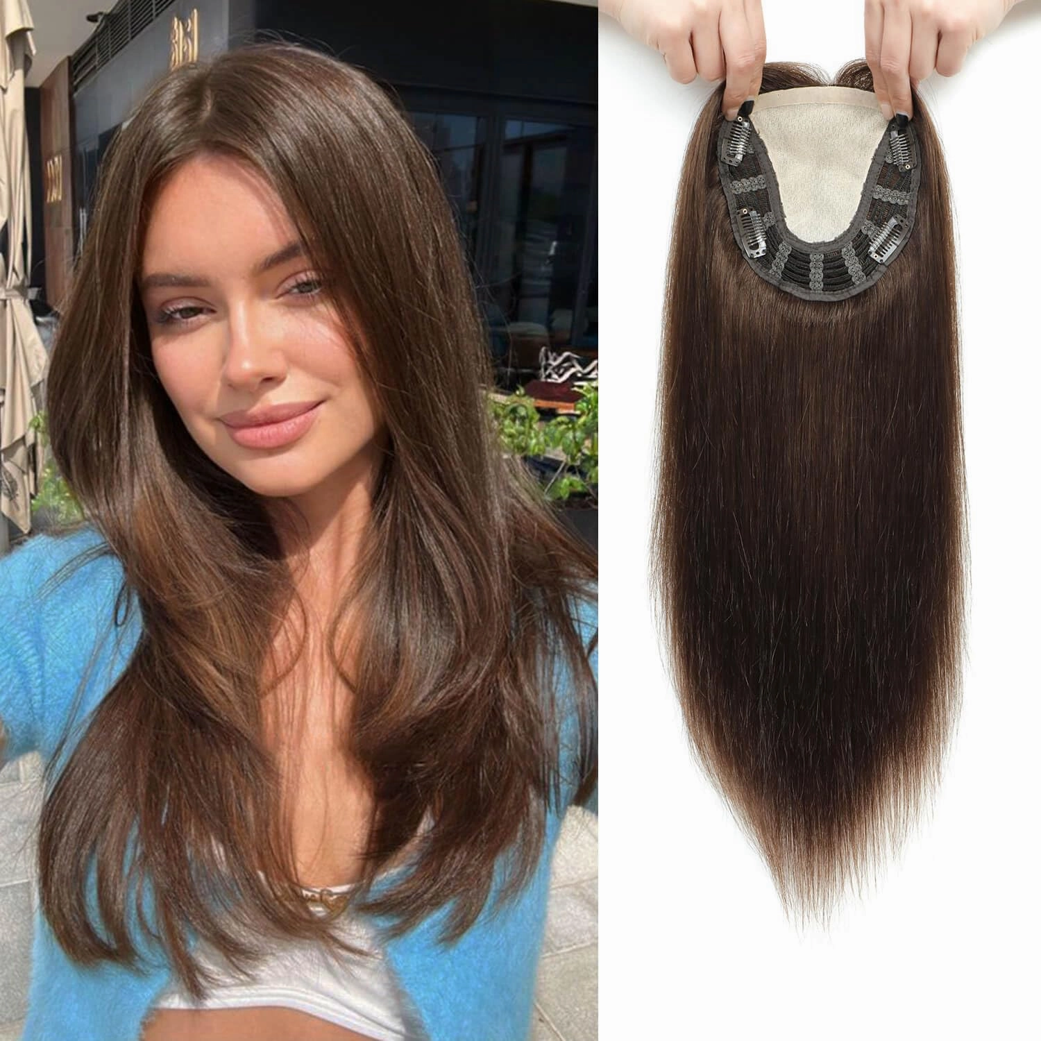 Ms Taj 16 Inch Hair Toppers for Women Real Human Hair – 5x5.5inch Skin Scalp, Natural Look Hairpiece with Clips, Lightweight & Comfortable, Ideal for Daily Wear, Adds Volume & Coverage(4#)
