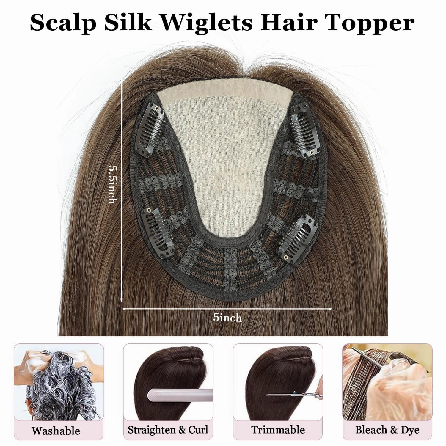 Ms Taj 16 Inch Hair Toppers for Women Real Human Hair – 5x5.5inch Skin Scalp, Natural Look Hairpiece with Clips, Lightweight & Comfortable, Ideal for Daily Wear, Adds Volume & Coverage(Light Brown)