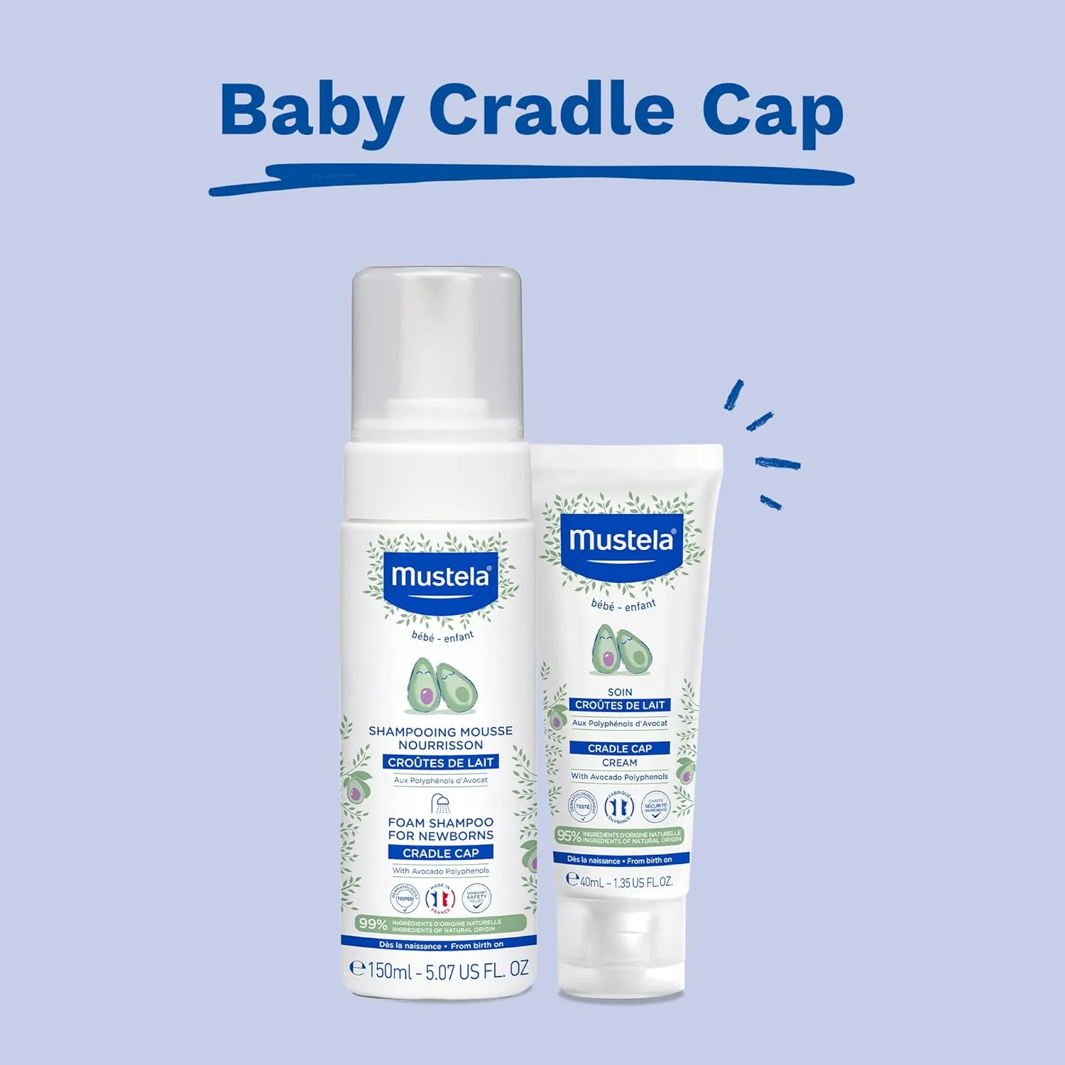 Mustela Cradle Cap Foam Shampoo for Newborn - Baby Shampoo with Natural Avocado - Tear-Free & Fragrance-Free - 5.07 fl. oz.