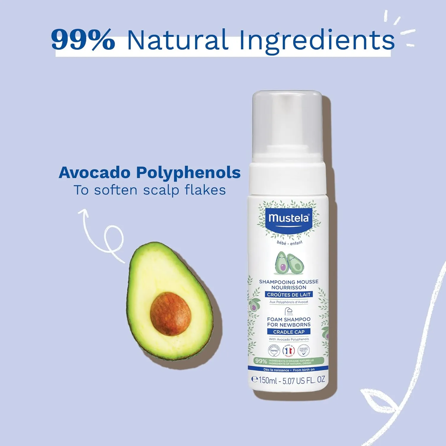 Mustela Cradle Cap Foam Shampoo for Newborn - Baby Shampoo with Natural Avocado - Tear-Free & Fragrance-Free - 5.07 fl. oz.