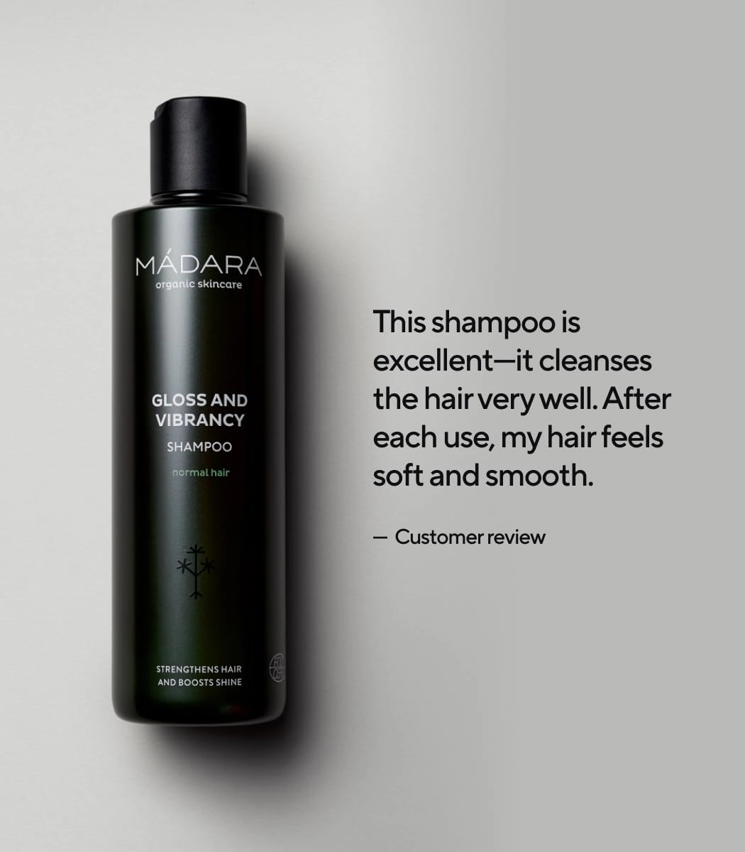 MÁDARA Organic Skincare | Gloss and Vibrancy Shampoo, 200ml – Shine-enhancing natural shampoo for all hair types, Improves lustre and vitality, Vegan, Cruelty-free, COSMOS Natural certified