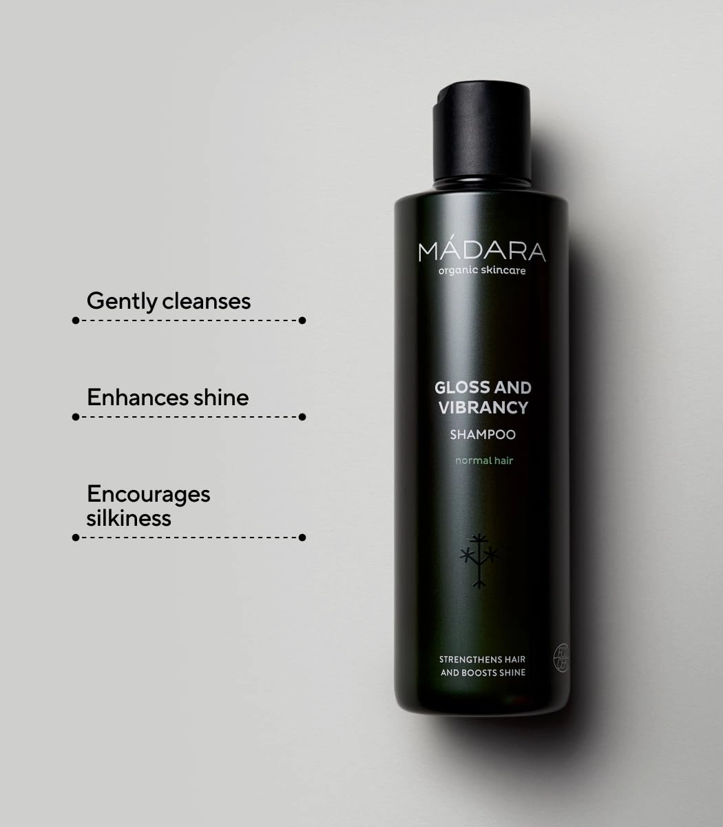 MÁDARA Organic Skincare | Gloss and Vibrancy Shampoo, 200ml – Shine-enhancing natural shampoo for all hair types, Improves lustre and vitality, Vegan, Cruelty-free, COSMOS Natural certified