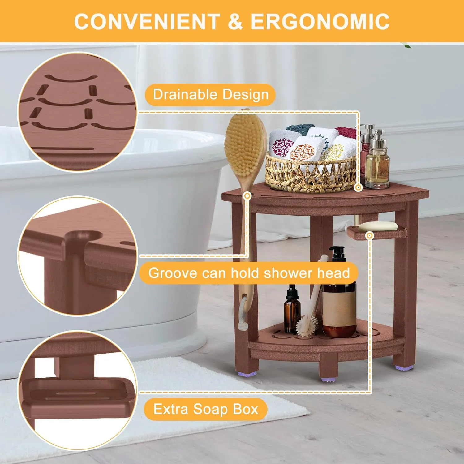 nalone Corner Shower Stool, HDPE Shower Bench for Inside Shower, Small Shower Chair Seat for Shaving Legs with Storage Shelf, Soap Box and No-Slip Feet (Brown)