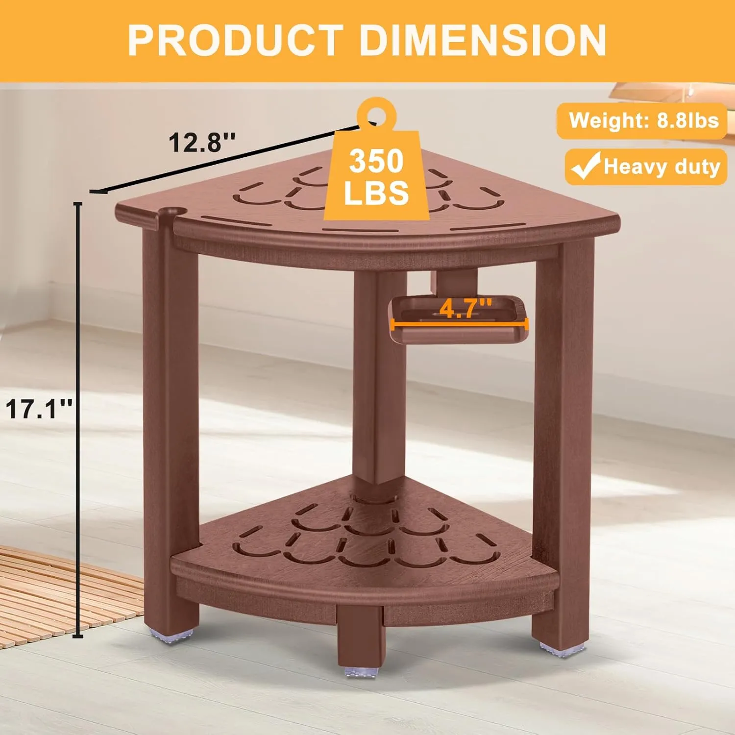 nalone Corner Shower Stool, HDPE Shower Bench for Inside Shower, Small Shower Chair Seat for Shaving Legs with Storage Shelf, Soap Box and No-Slip Feet (Brown)
