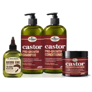 Natural King Mens Mega 4-PC Hair Care Collection with Natural King Pro-Growth Castor Hair & Beard Oil 7.1oz AND Difeel Castor Shampoo 33.8oz, Conditioner 33.8oz & Hair Mask 12oz