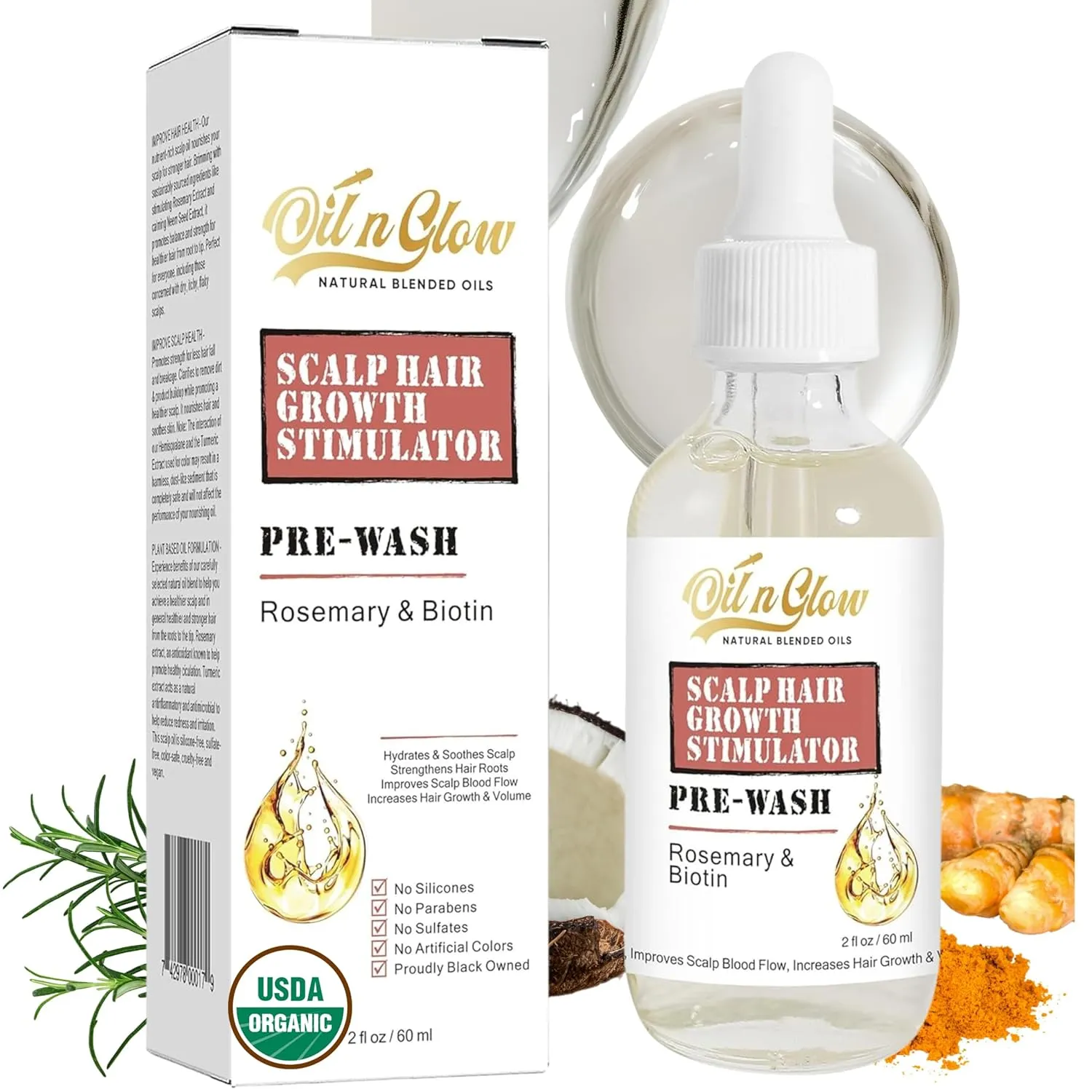 Natural Pre-Wash Scalp and Hair Treatment Oil with USDA Organic Rosemary Oil & Biotin for Hair Growth, Pre-Shampoo Growth Stimulator Serum for Thinning, Breakage, Hair Loss - 2 Fl Oz