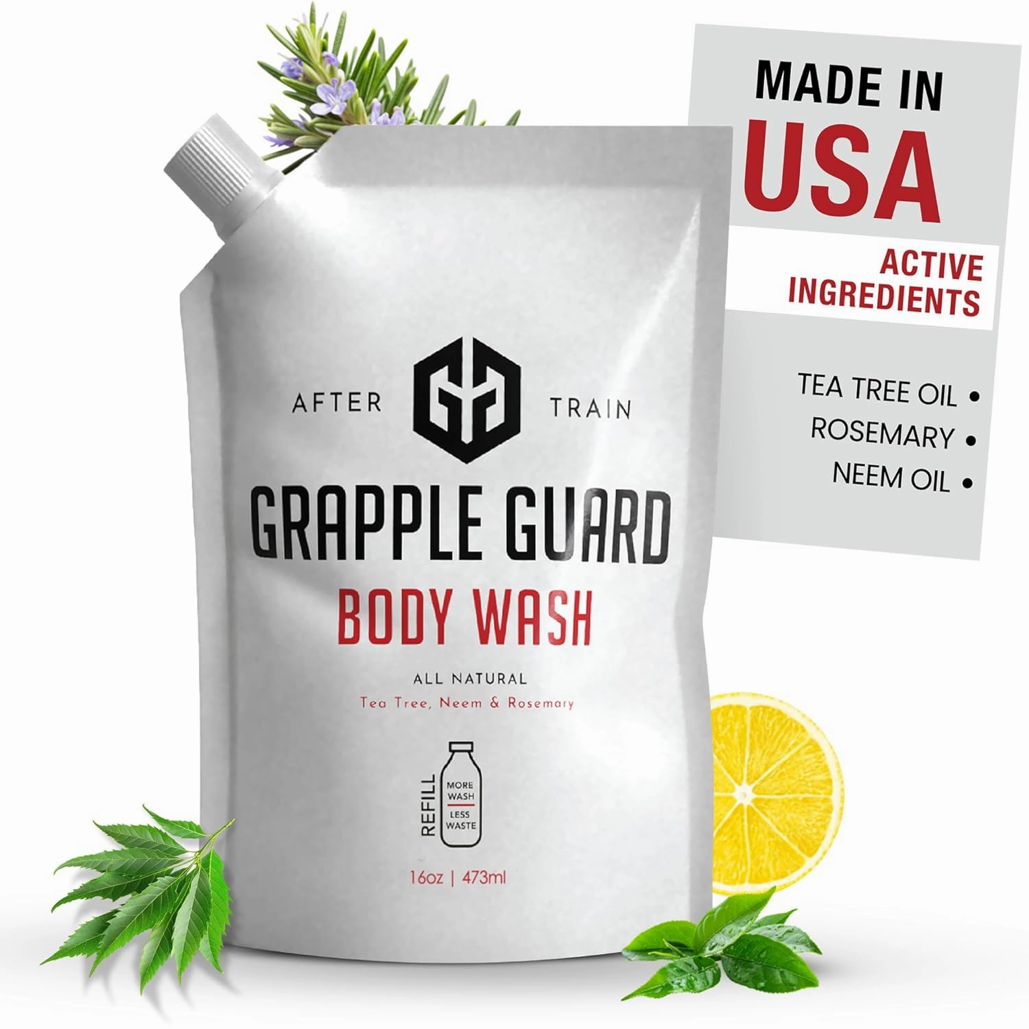Natural Liquid Soap Body Wash | Grappling Inspired Unisex Body Wash Suitable for All Skin Types with Tea Tree Oil, Neem Oil, and Rosemary Extract - Citrus/Tea Tree Scent (16oz) Refill