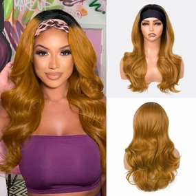 Natural Wavy Headband Wig Natural Looking Half Wig, Body Wave Glueless Synthetic Headband Wigs for Black Women (OM27)