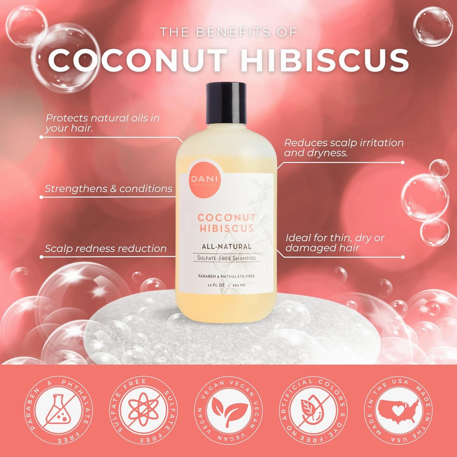 Naturals Moisturizing Shampoo - Coconut Hibiscus - Sulfate-Free, Strengthens & Conditions Dry, Thin, Damaged Hair - Color-Safe, Organic Ingredients, 12 oz