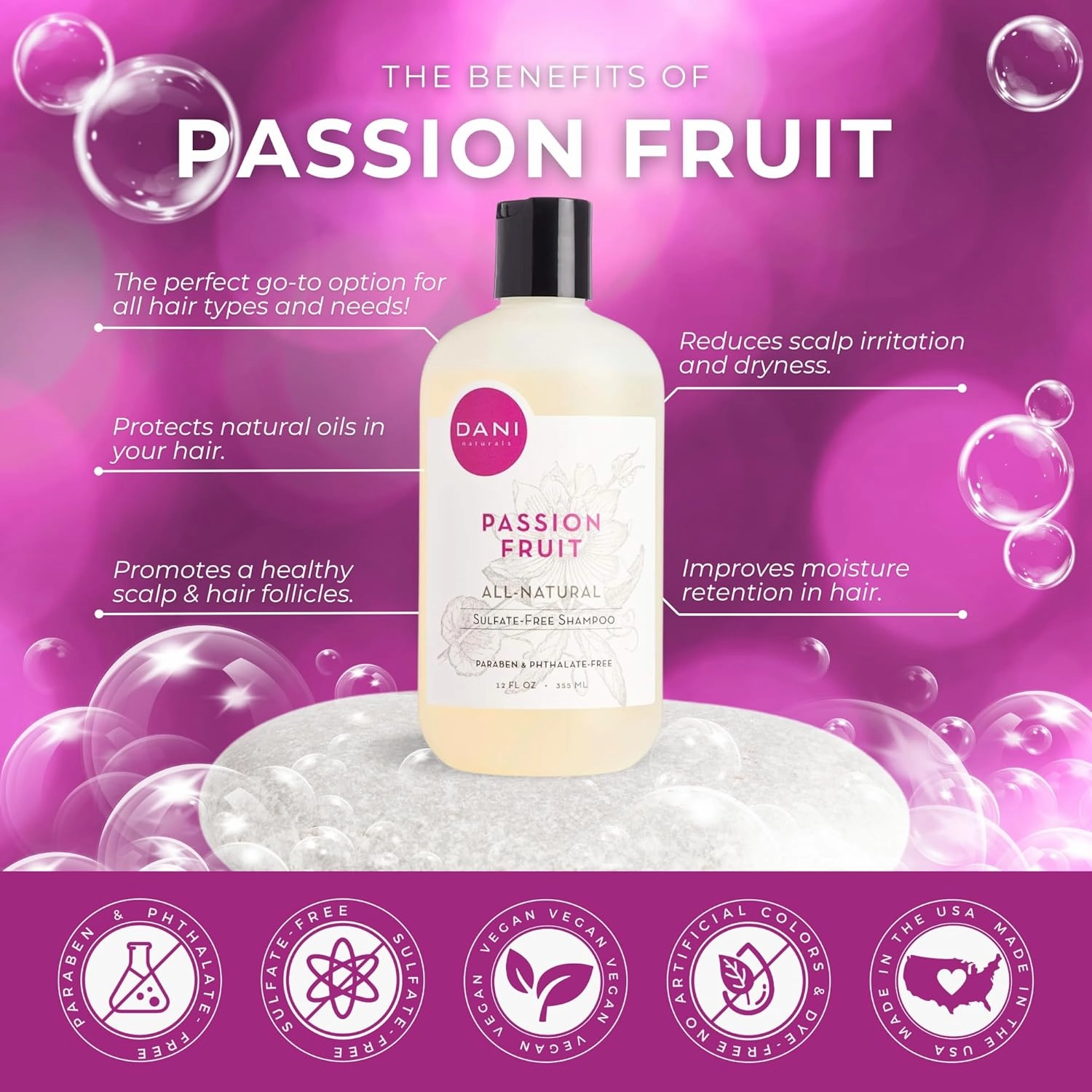 Naturals Shampoo - Passion Fruit Scent - Sulfate-Free, Vegan, Moisturizing, 12 oz | Nourishing for All Hair Types & Sensitive Scalps