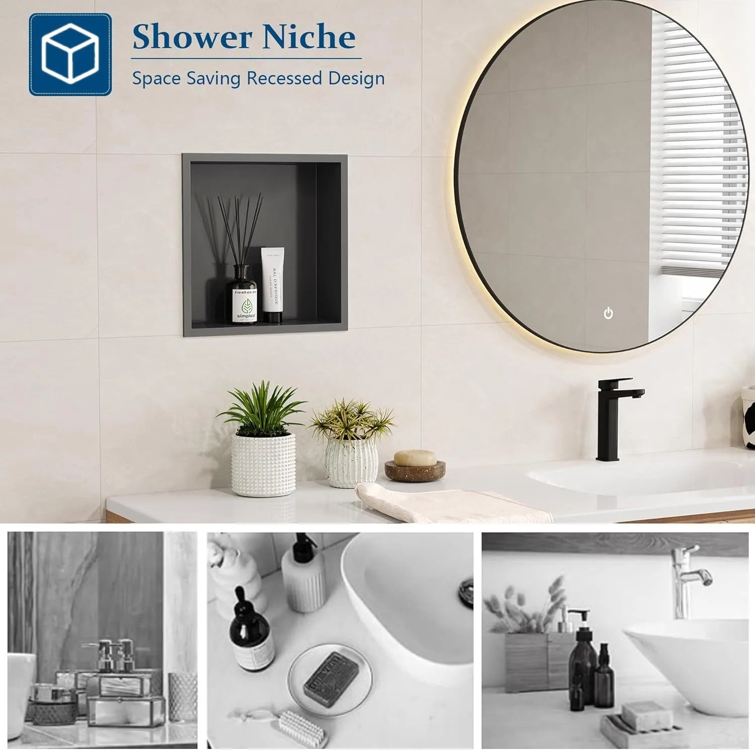 Neodrain 12 x 12 inch Shower Niche, Gun Metal Stainless Steel, No Tile Needed, Recessed Niche For Bathroom Storage