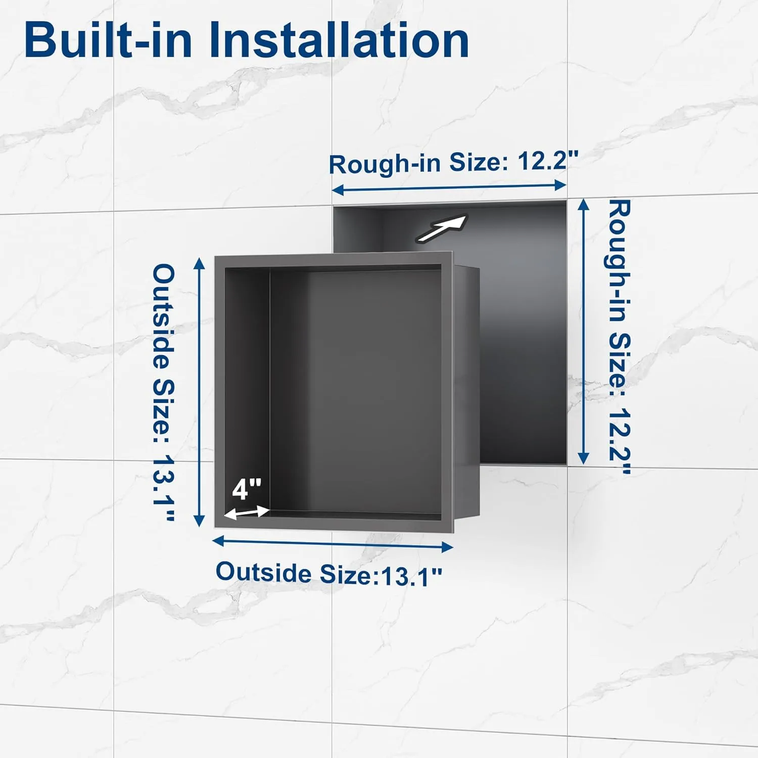 Neodrain 12 x 12 inch Shower Niche, Gun Metal Stainless Steel, No Tile Needed, Recessed Niche For Bathroom Storage