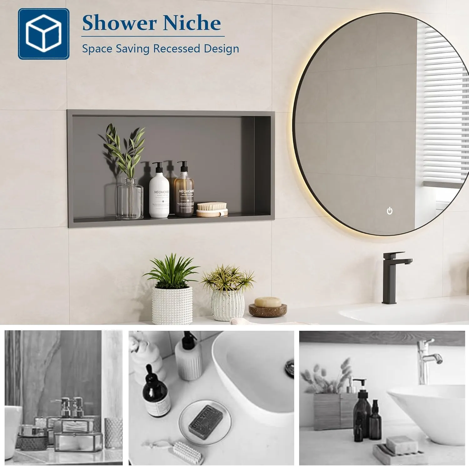 Neodrain 24X12Inch Shower Niche, Gun Metal Stainless Niche NO Tile Needed Recessed Niche Shower for Bathroom Storage